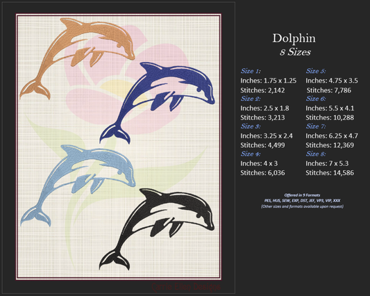 Dolphin Machine Embroidery Design | Bottlenose Dolphin Jumping Embroidery Pattern | 8 Sizes (0848)