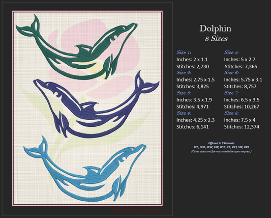 Dolphin Machine Embroidery Design | Bottlenose Dolphin Jumping Embroidery Pattern | 8 Sizes (0849)