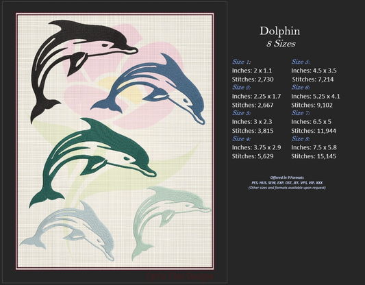 Dolphin Machine Embroidery Design | Jumping Bottlenose Dolphin Embroidery Pattern | 8 Sizes (0850)