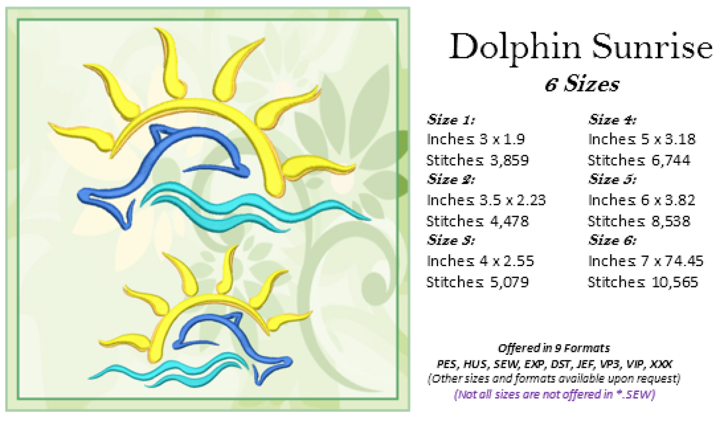 Dolphin Sunrise Machine Embroidery Design | Bottlenose Dolphin Pattern | Jumping Dolphin Embroidery | 6 Sizes (0696)