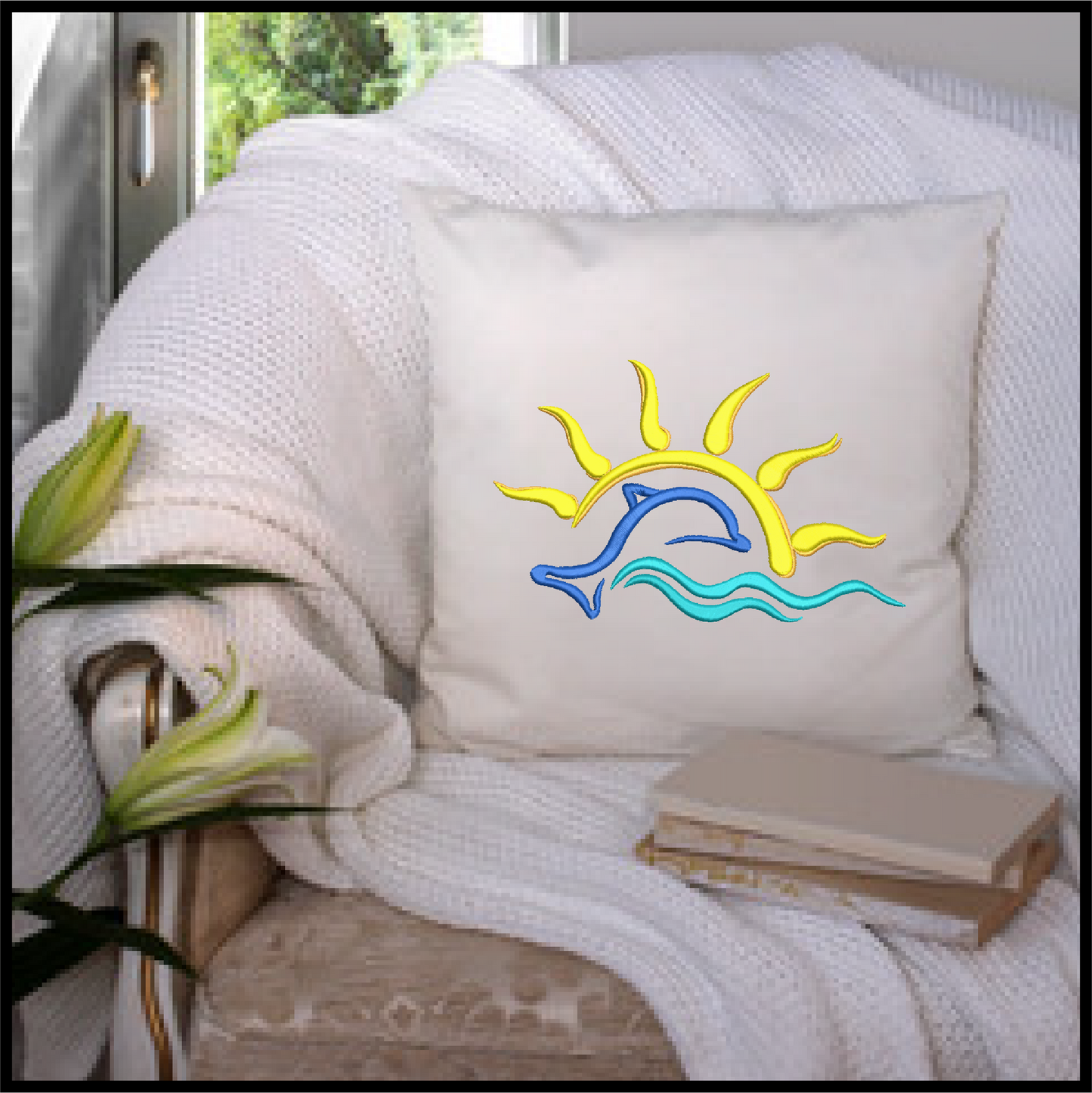 Dolphin Sunrise Machine Embroidery Design | Bottlenose Dolphin Pattern | Jumping Dolphin Embroidery | 6 Sizes (0696)
