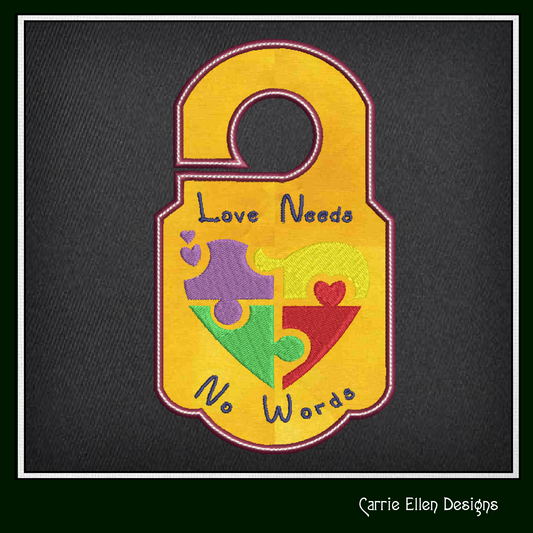 Autism Door Knob Hanger Machine Embroidery Design, Love Needs No Words Puzzle Heart, In The Hoop Machine Embroidery Project (1473)