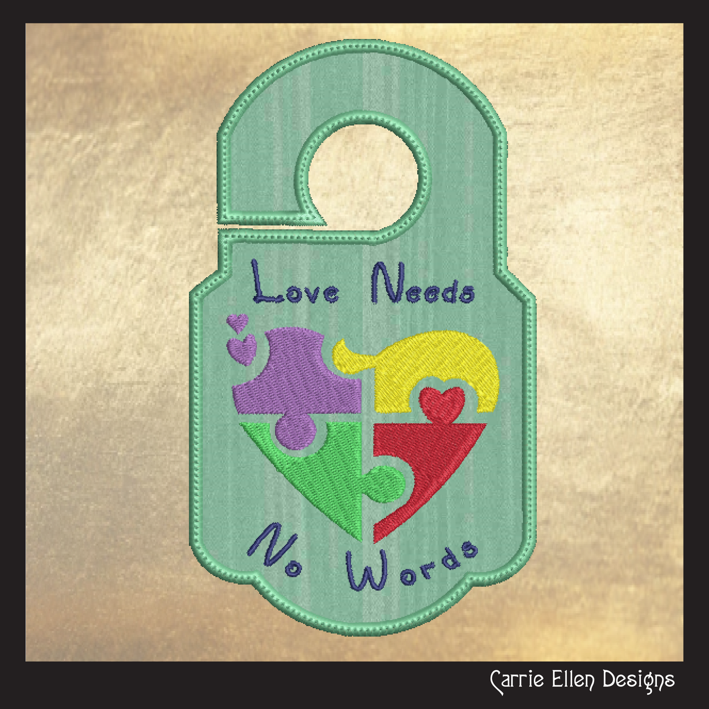 Autism Door Knob Hanger Machine Embroidery Design, Love Needs No Words Puzzle Heart, In The Hoop Machine Embroidery Project (1473)
