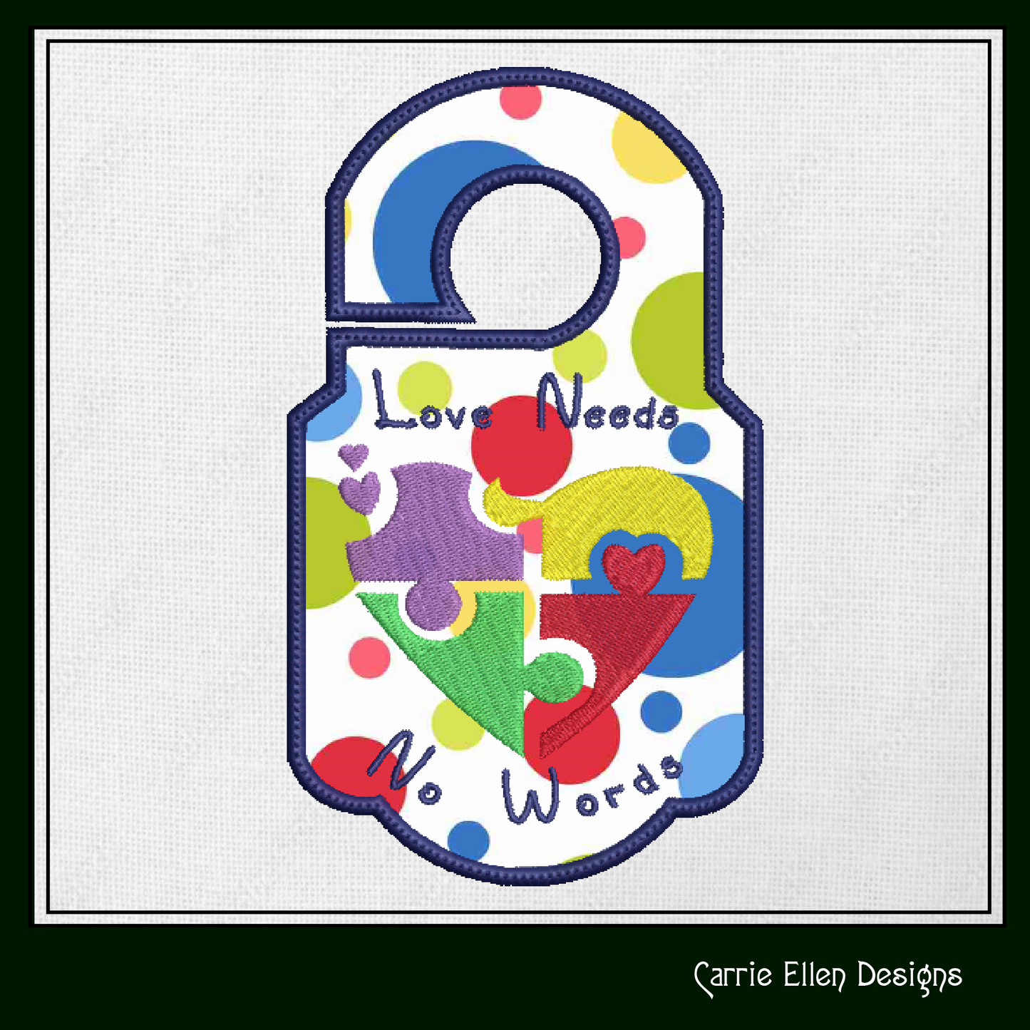 Autism Door Knob Hanger Machine Embroidery Design, Love Needs No Words Puzzle Heart, In The Hoop Machine Embroidery Project (1473)