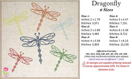 Dragonfly Machine Embroidery Design – Garden Insect & Bee Embroidery Pattern, 6 Sizes (0551)