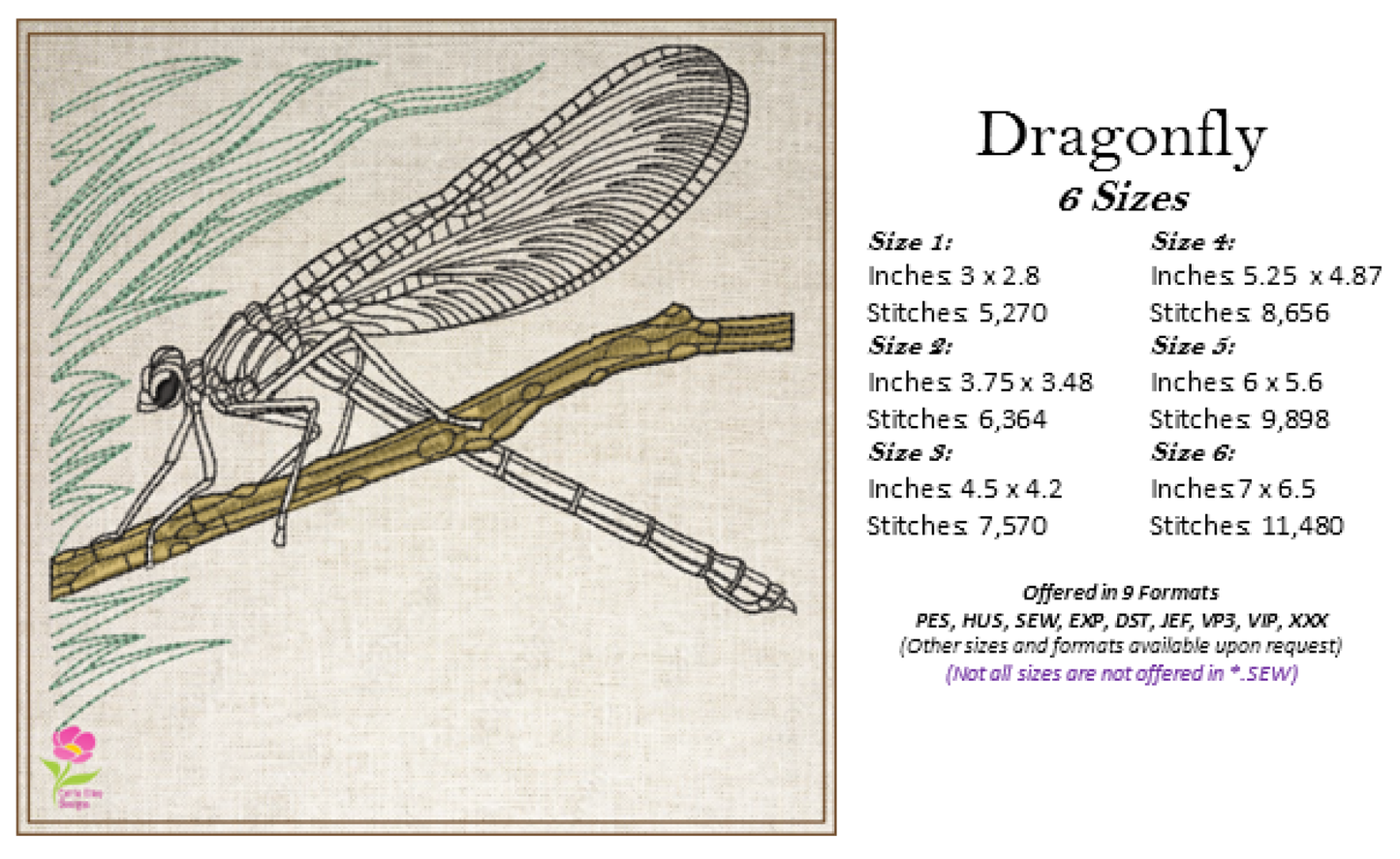 Dragonfly Machine Embroidery Design | Garden Insect and Bee Embroidery Sketch Pattern | 6 Sizes (0699)