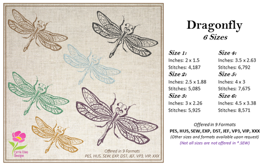Dragonfly Machine Embroidery Design | Insect Embroidery Pattern | Garden Insects & Bees | 6 Sizes (0736)