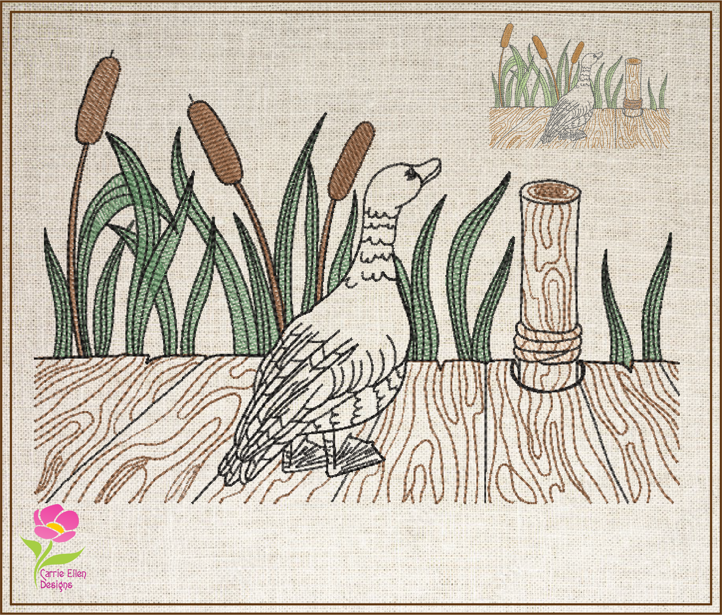 Duck on Dock Embroidery Design – Bird Line Art – Lakeside Machine Embroidery File, 6 Sizes (0666)