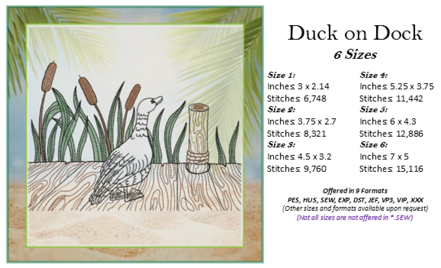 Duck on Dock Embroidery Design – Bird Line Art – Lakeside Machine Embroidery File, 6 Sizes (0666)