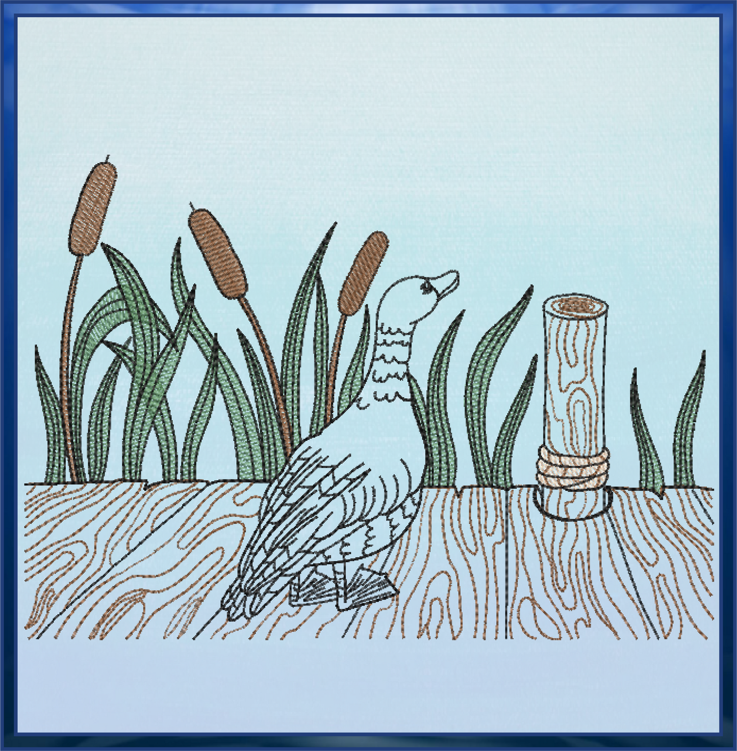 Duck on Dock Embroidery Design – Bird Line Art – Lakeside Machine Embroidery File, 6 Sizes (0666)