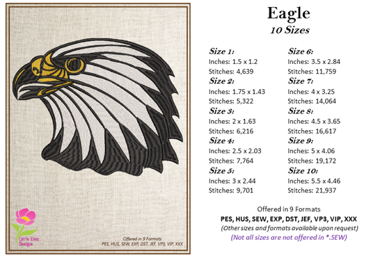Eagle Machine Embroidery Design | American Bald Eagle Head Pattern | Patriotic Embroidery Design | 10 Sizes (0605)