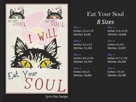 Eat Your Soul Cat Machine Embroidery Design – Evil Black Cat Design with Embroidered Sayings – Hungry Kitty Design – 8 Sizes (1010)