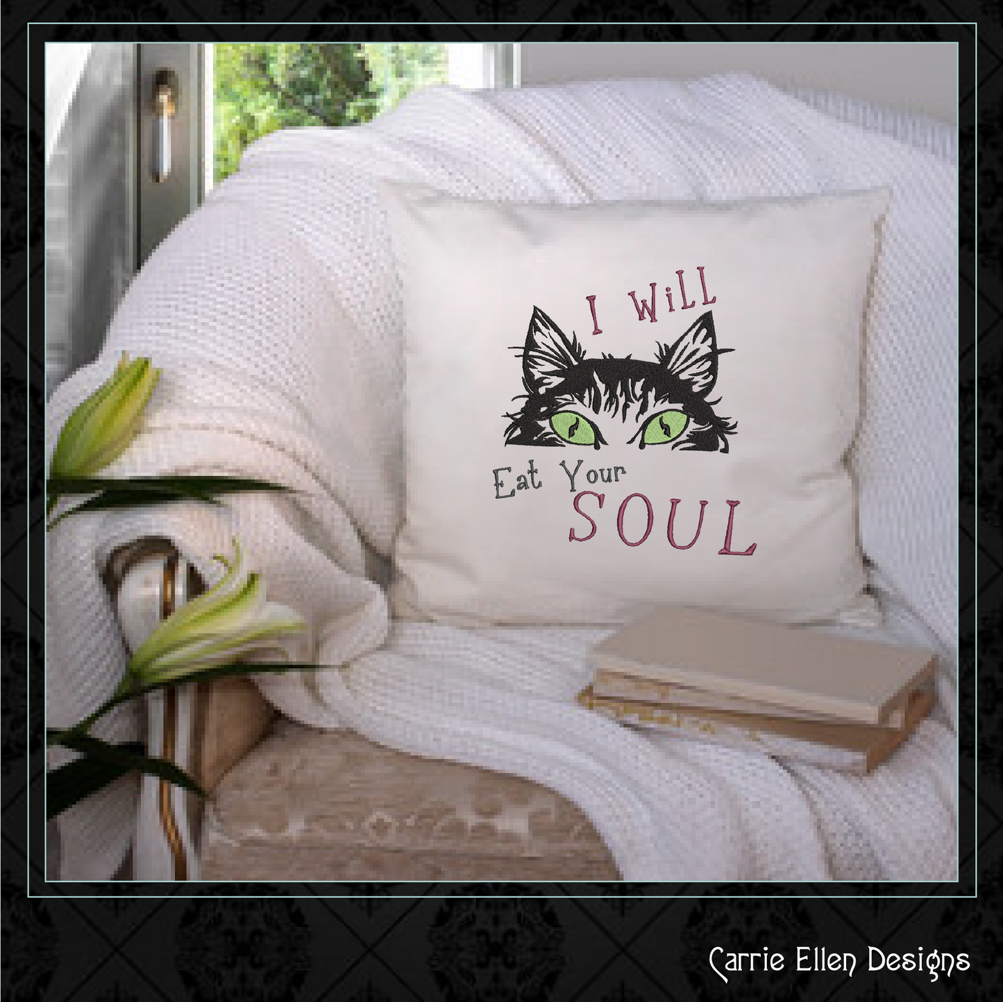 Eat Your Soul Cat Machine Embroidery Design – Evil Black Cat Design with Embroidered Sayings – Hungry Kitty Design – 8 Sizes (1010)