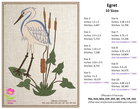 Egret Machine Embroidery Design | Elegant Bird Embroidery Pattern | Audubon-Inspired Waterbird Design | Instant Download, 10 Sizes (0567)