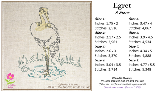 Egret Machine Embroidery Design | Elegant Bird Embroidery Pattern | Audubon-Inspired Water bird Design | Instant Download, 8 Sizes (0568)