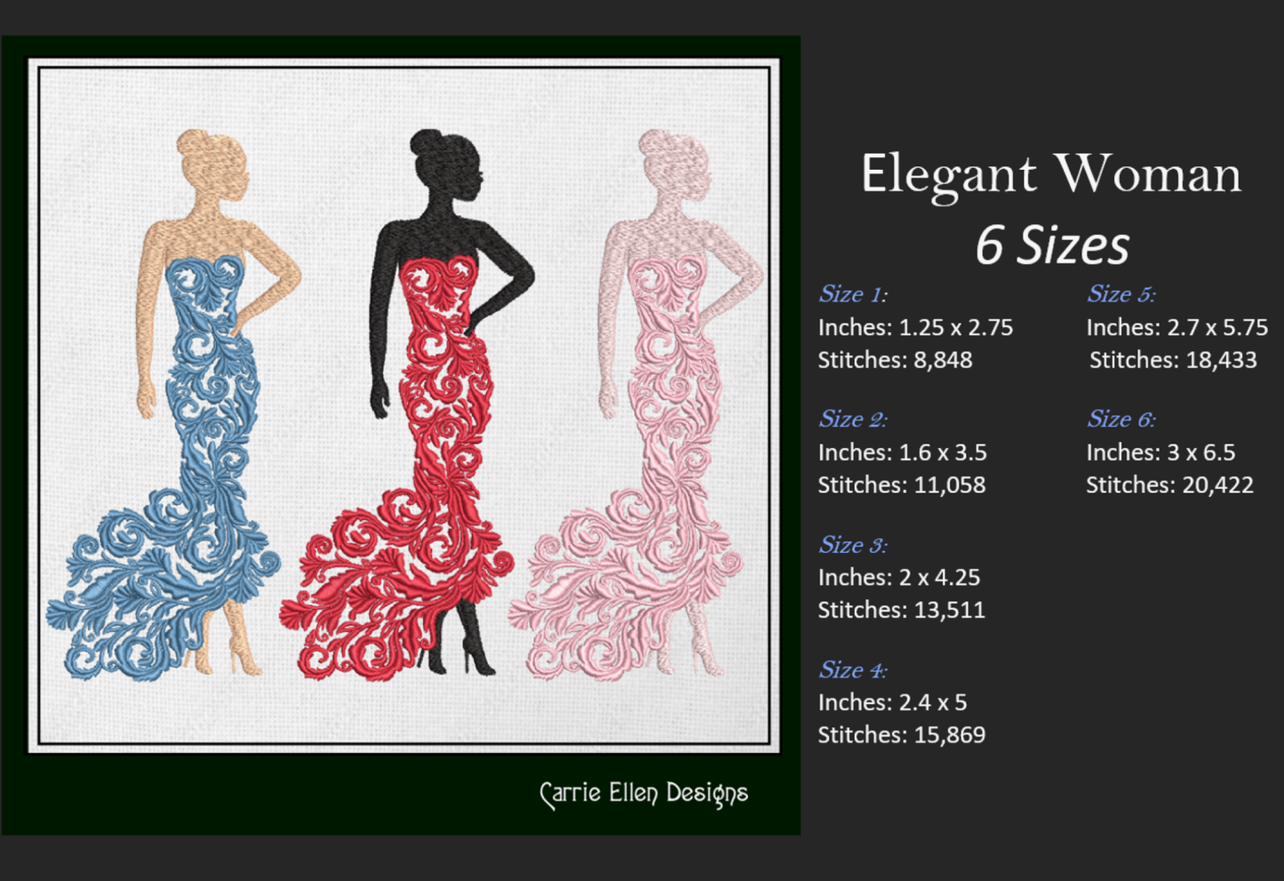 Elegant Ball Gown Machine Embroidery Design – Woman in Lace Dress, Elegant Lady Silhouette, 6 Sizes (1237)