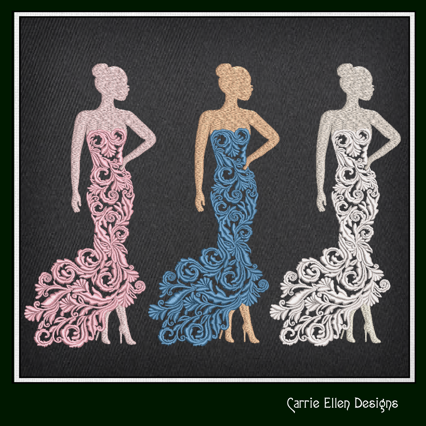 Elegant Ball Gown Machine Embroidery Design – Woman in Lace Dress, Elegant Lady Silhouette, 6 Sizes (1237)