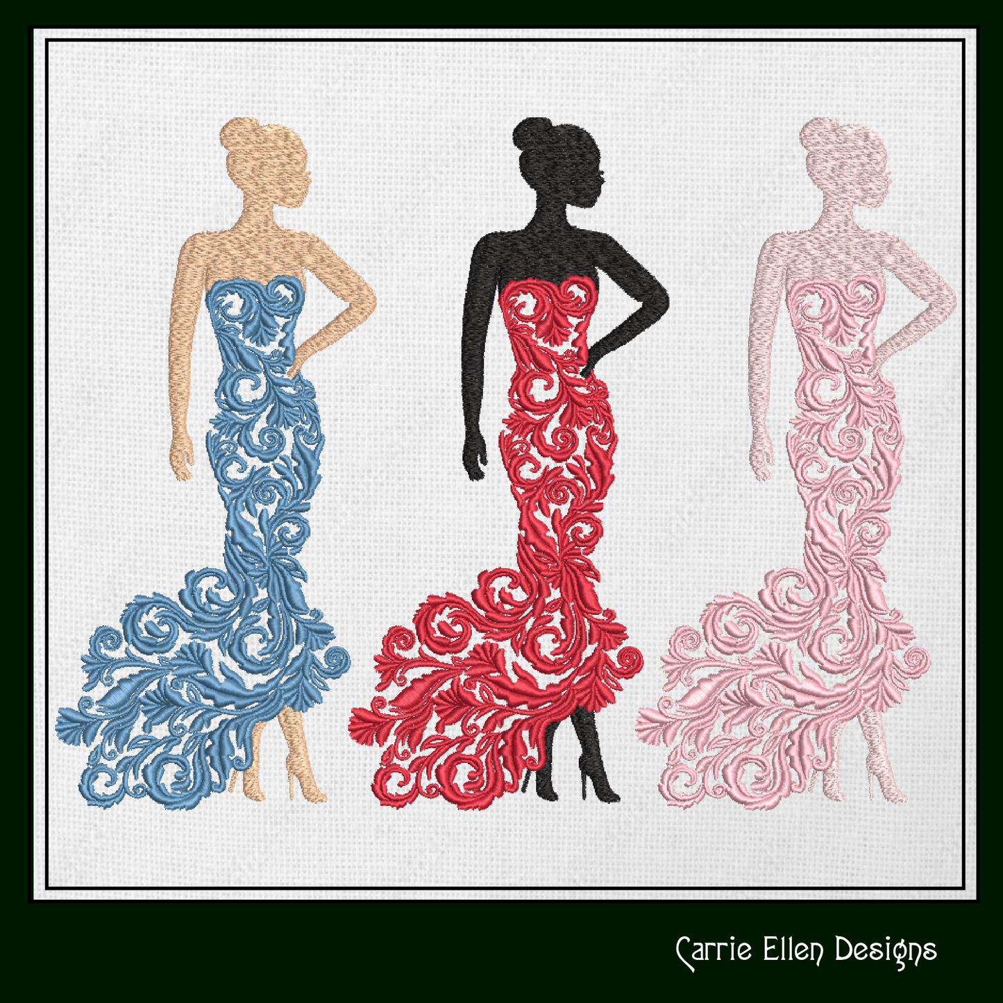 Elegant Ball Gown Machine Embroidery Design – Woman in Lace Dress, Elegant Lady Silhouette, 6 Sizes (1237)