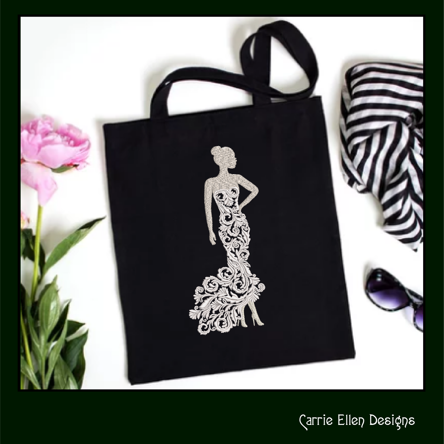Elegant Ball Gown Machine Embroidery Design – Woman in Lace Dress, Elegant Lady Silhouette, 6 Sizes (1237)