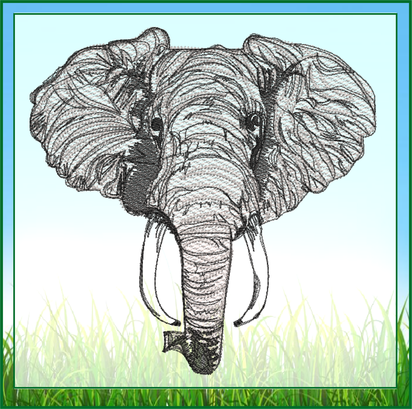 Elephant Head Machine Embroidery Sketch Design – Safari Animal Line Art Pattern, Large Land Animal, 6 Size (0521)