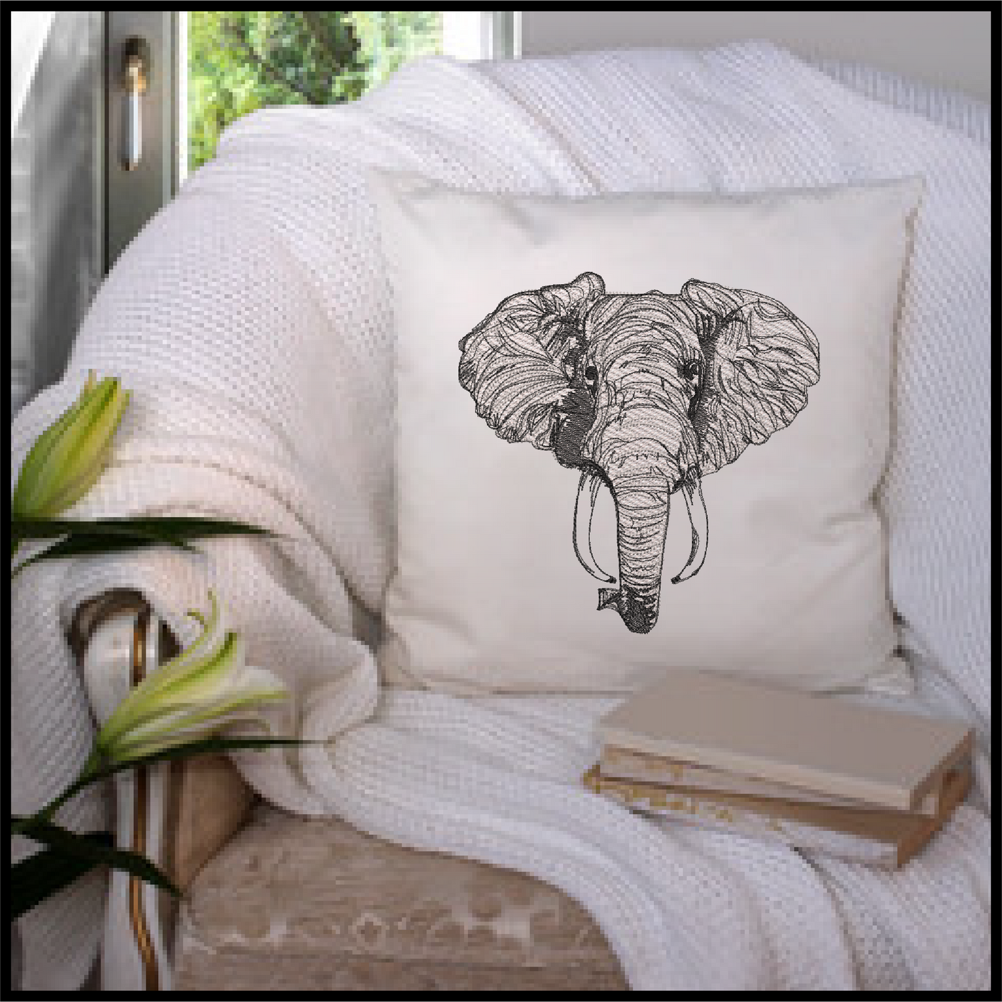 Elephant Head Machine Embroidery Sketch Design – Safari Animal Line Art Pattern, Large Land Animal, 6 Size (0521)