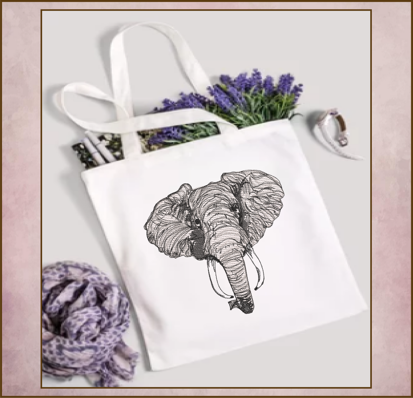 Elephant Head Machine Embroidery Sketch Design – Safari Animal Line Art Pattern, Large Land Animal, 6 Size (0521)