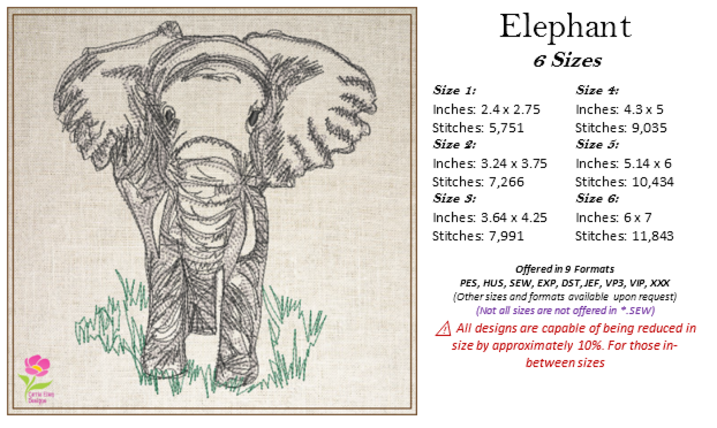 Elephant Machine Embroidery Sketch Design, Grazing Safari Elephant Artistic Line Art Pattern, Large Land Animal, 6 Size (0522)