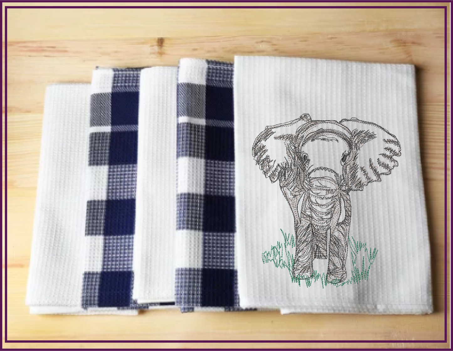 Elephant Machine Embroidery Sketch Design, Grazing Safari Elephant Artistic Line Art Pattern, Large Land Animal, 6 Size (0522)