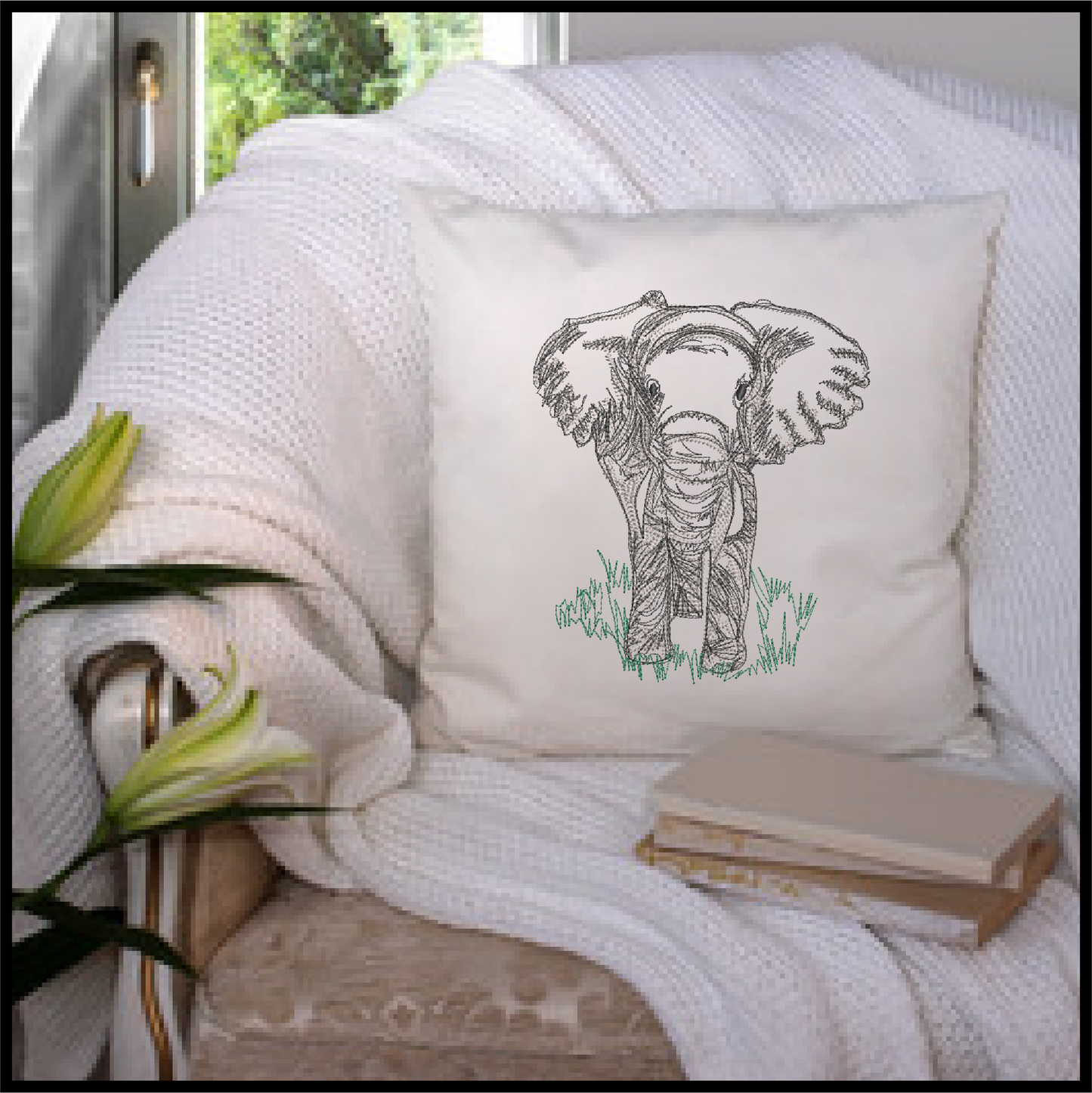 Elephant Machine Embroidery Sketch Design, Grazing Safari Elephant Artistic Line Art Pattern, Large Land Animal, 6 Size (0522)