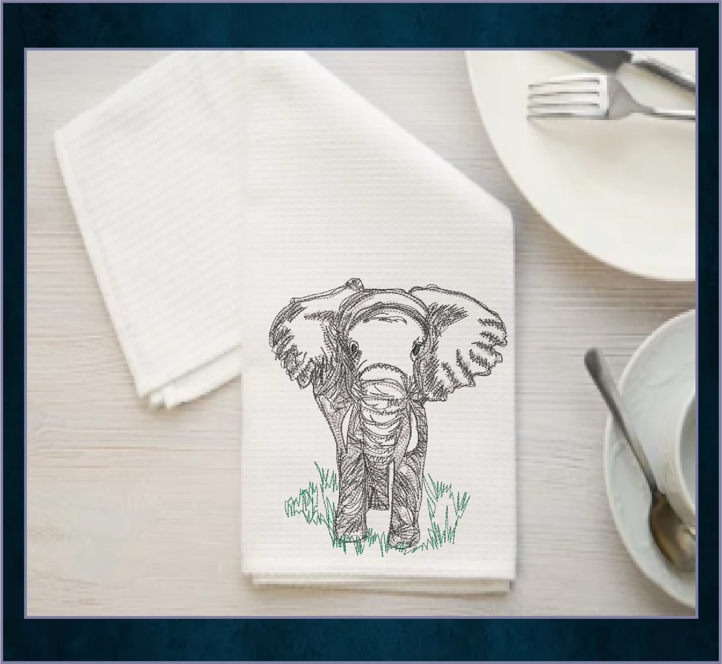Elephant Machine Embroidery Sketch Design, Grazing Safari Elephant Artistic Line Art Pattern, Large Land Animal, 6 Size (0522)