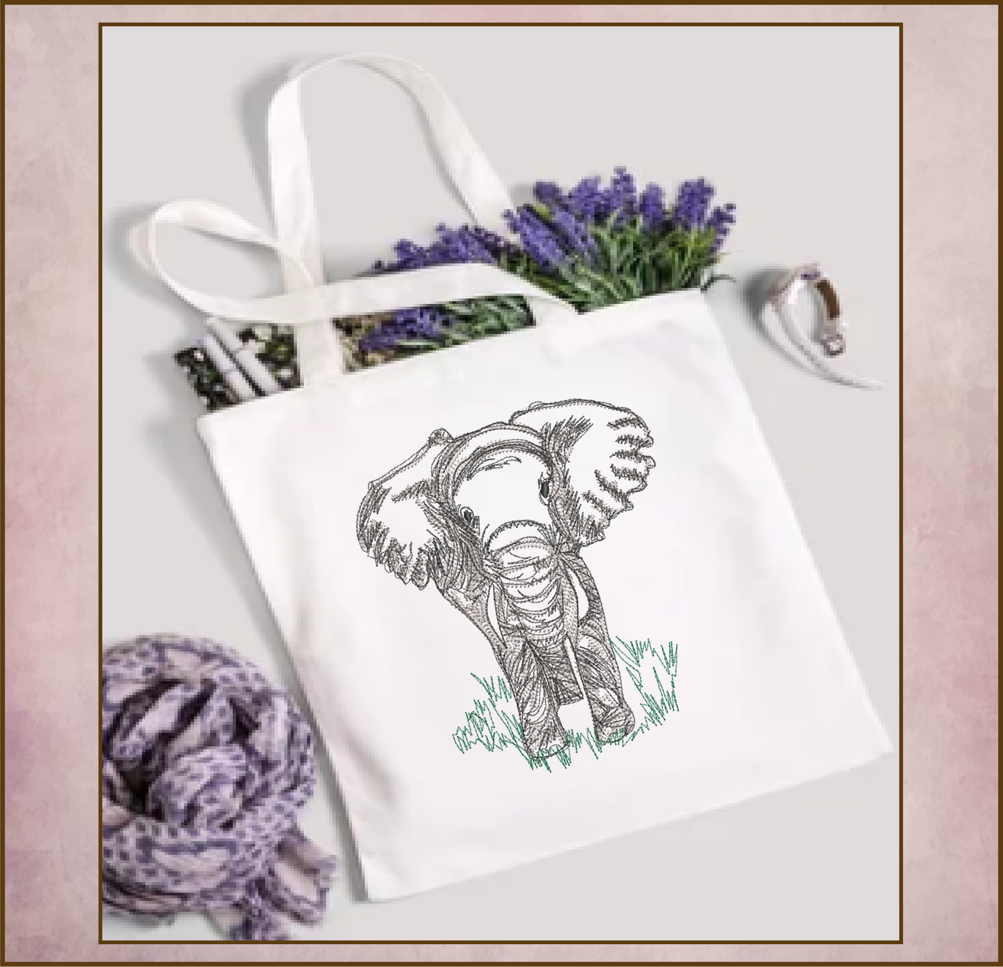 Elephant Machine Embroidery Sketch Design, Grazing Safari Elephant Artistic Line Art Pattern, Large Land Animal, 6 Size (0522)