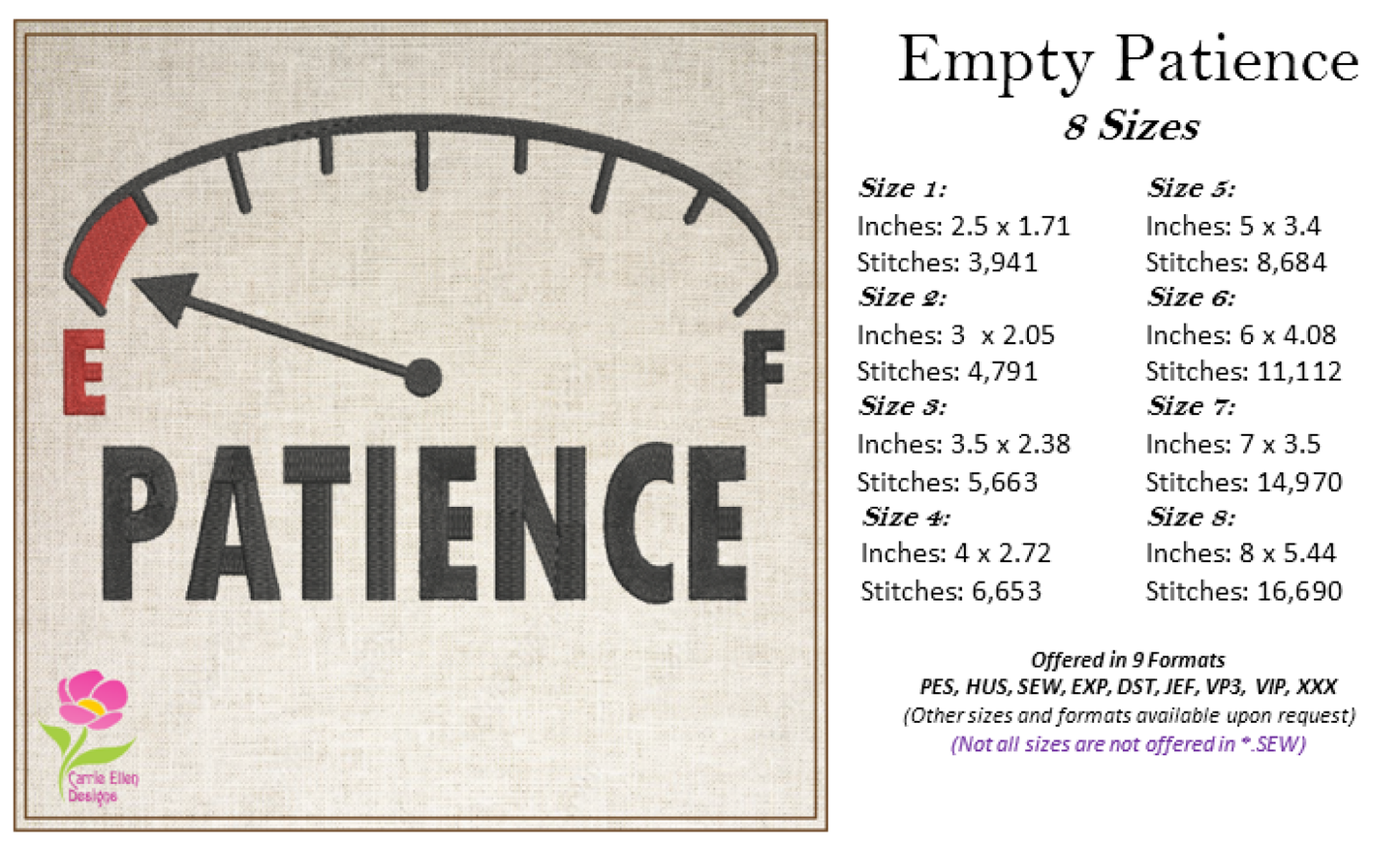 Patience on Empty Machine Embroidery Design – Funny Patience Meter, Sayings & Quotes, 8 Sizes (0344)