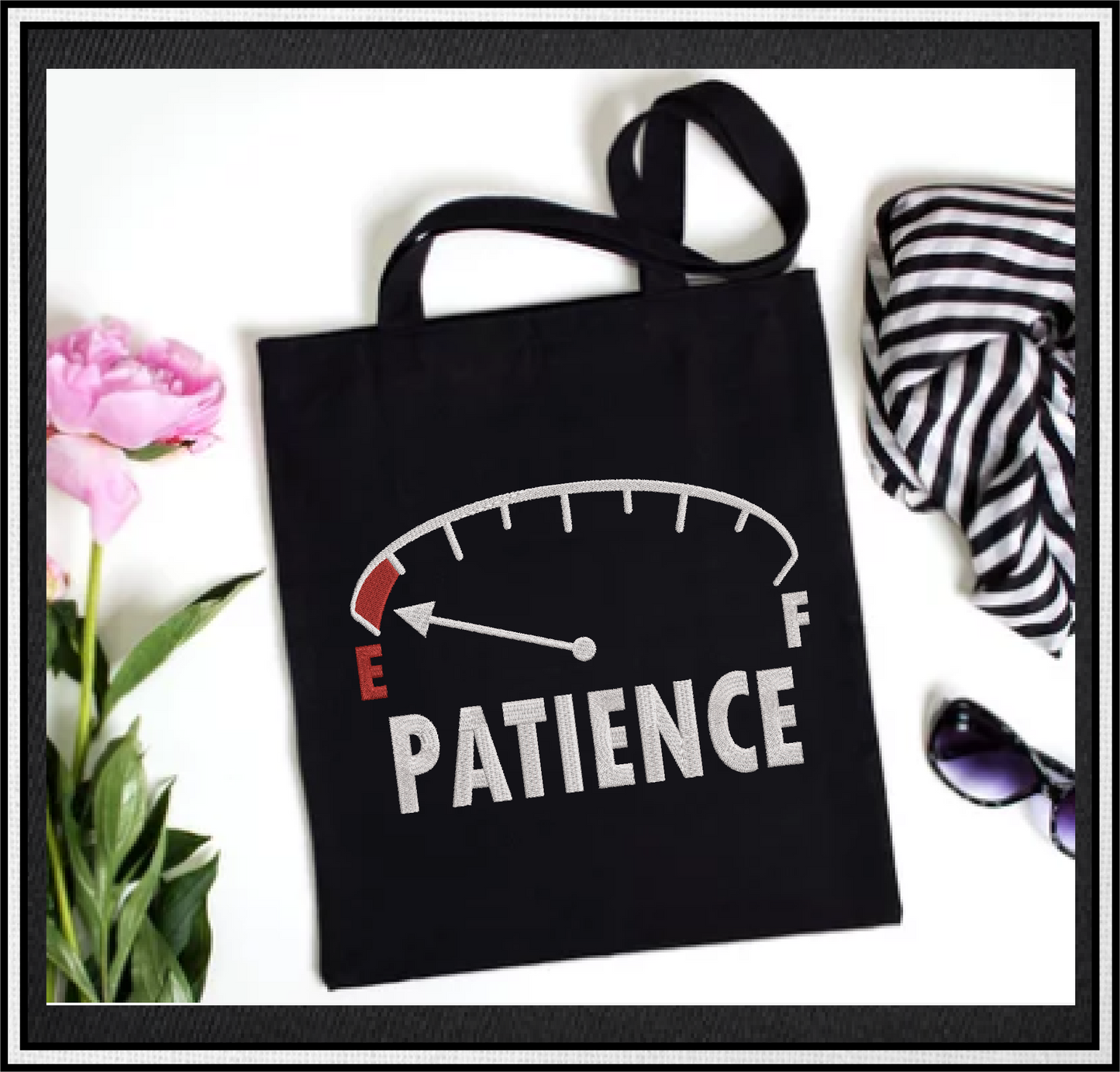 Patience on Empty Machine Embroidery Design – Funny Patience Meter, Sayings & Quotes, 8 Sizes (0344)