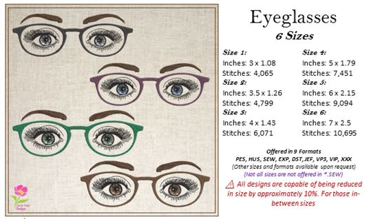 Eyeglasses Machine Embroidery Design – Beautiful Eyes Watching Pattern with Glasses, 6 Sizes (0548)