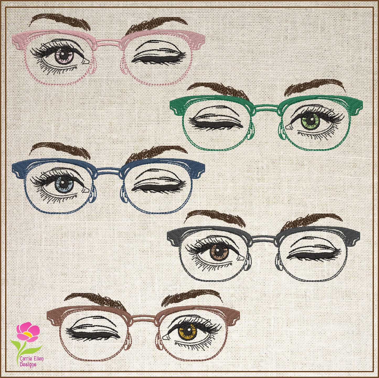 Eyeglasses Machine Embroidery Design – Winking Beautiful Eyes with Glasses Pattern, 6 Sizes (0547)