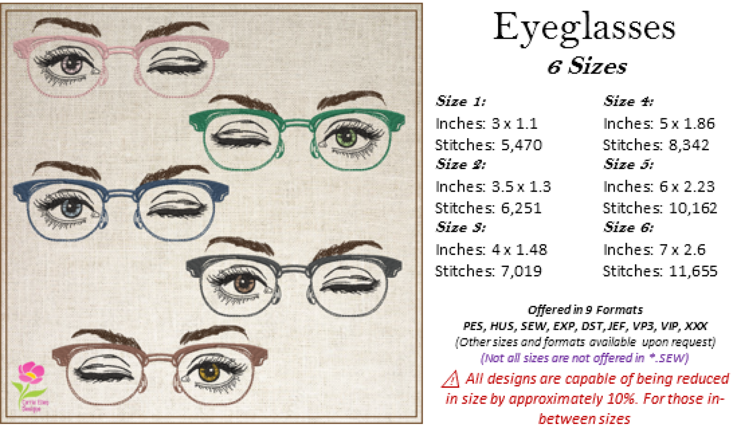 Eyeglasses Machine Embroidery Design – Winking Beautiful Eyes with Glasses Pattern, 6 Sizes (0547)