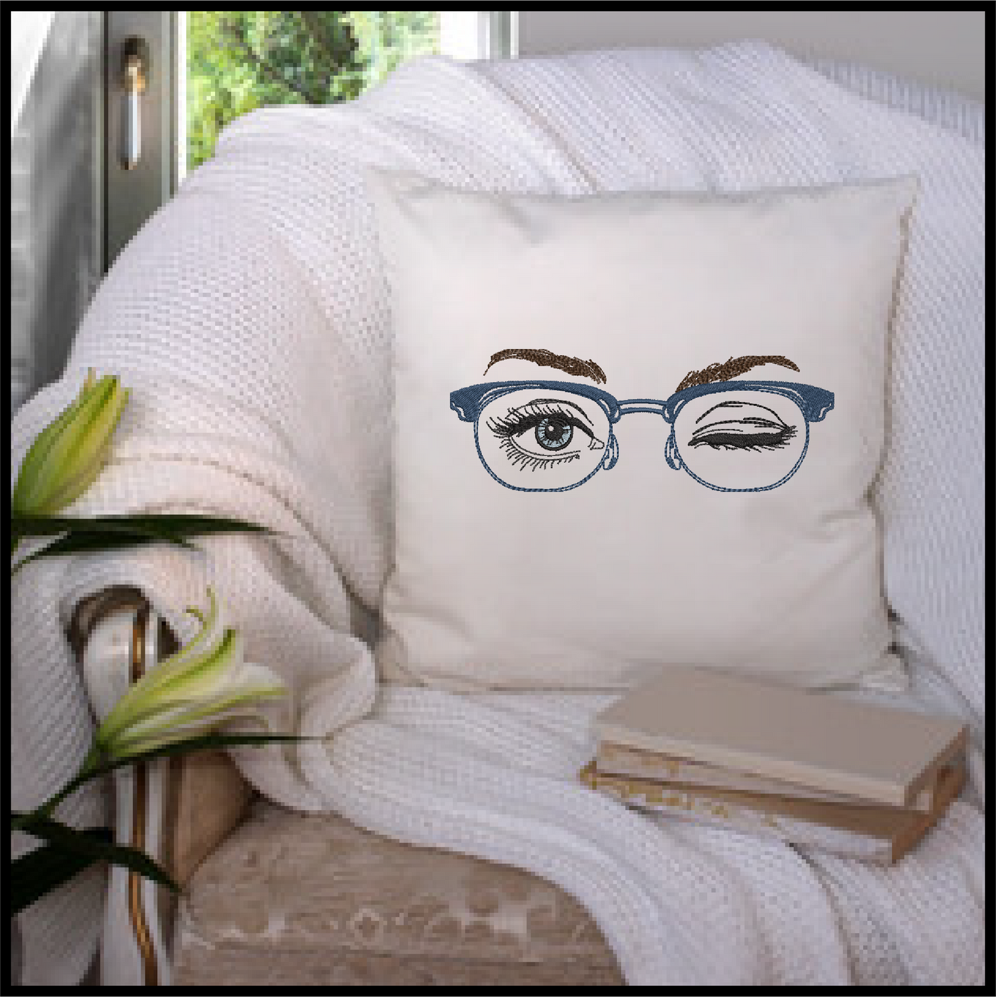 Eyeglasses Machine Embroidery Design – Winking Beautiful Eyes with Glasses Pattern, 6 Sizes (0547)