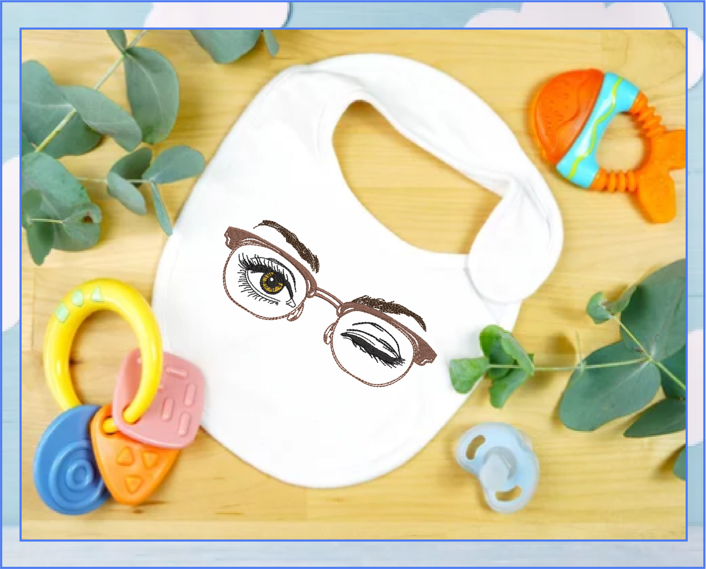 Eyeglasses Machine Embroidery Design – Winking Beautiful Eyes with Glasses Pattern, 6 Sizes (0547)
