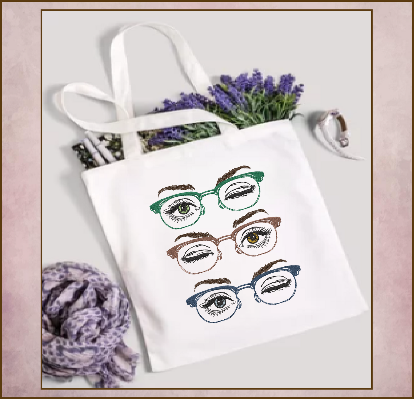 Eyeglasses Machine Embroidery Design – Winking Beautiful Eyes with Glasses Pattern, 6 Sizes (0547)