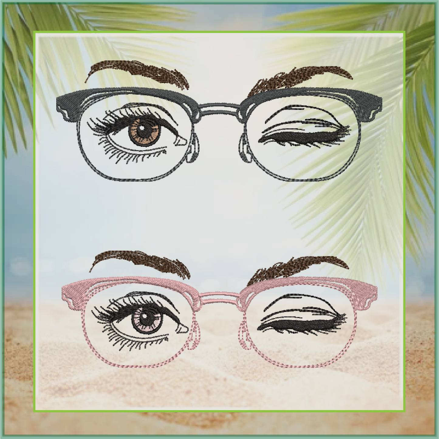 Eyeglasses Machine Embroidery Design – Winking Beautiful Eyes with Glasses Pattern, 6 Sizes (0547)