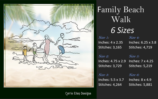 Family Beach Walk Machine Embroidery Design – Classic Beach Day Sketch – Coastal Embroidery Pattern in 6 Sizes (1171)