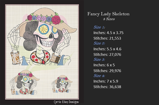 Fancy Lady Sugar Skull Skeleton Machine Embroidery Design | Dia De Los Muertos Mexican Holiday | Elegant Sugar Skull Design | 4 Sizes (0961)