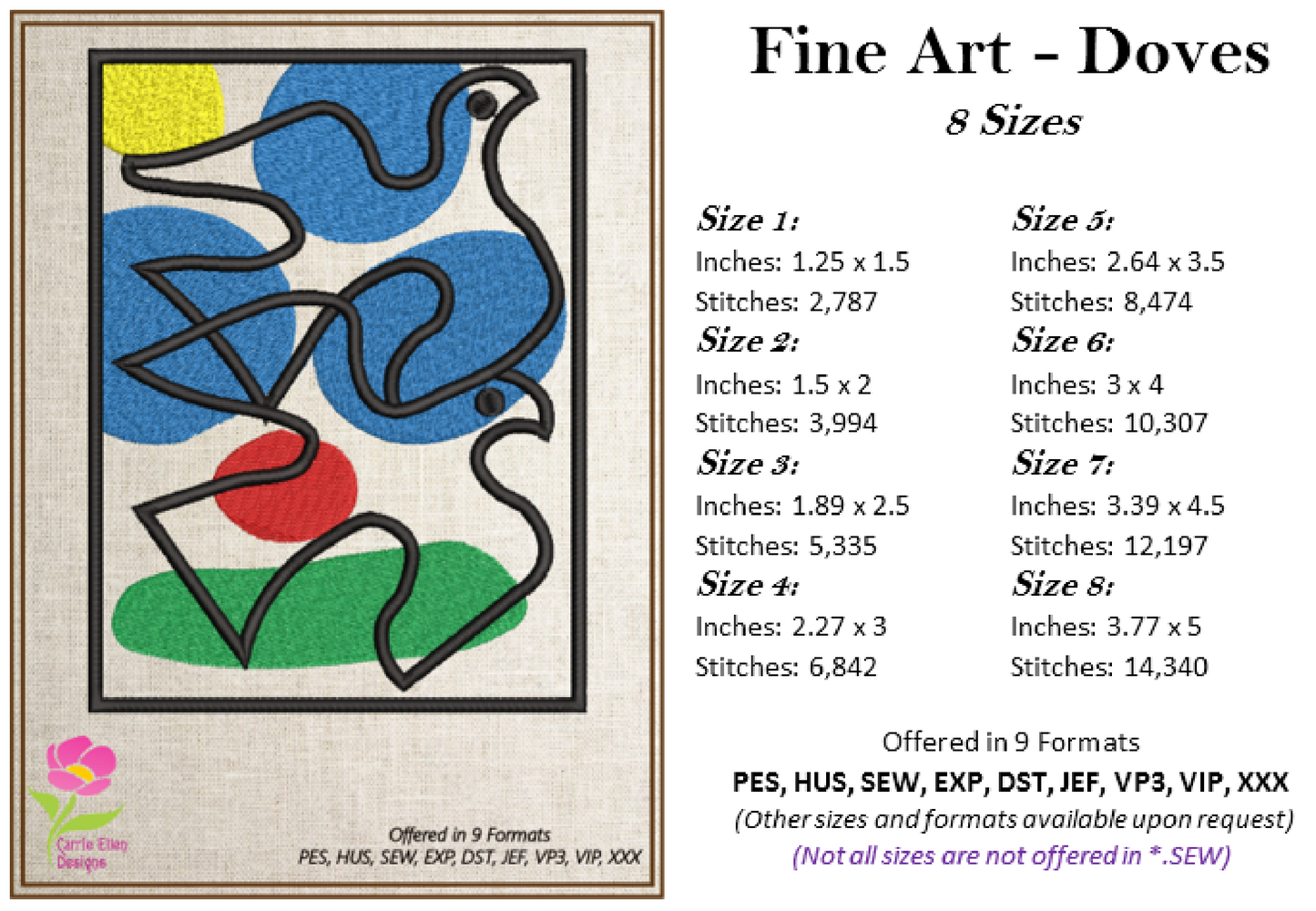 Artistic Doves Machine Embroidery Design – Piatti-Inspired Fine Art Birds – Multicolor Dove Pattern – 8 Sizes (0174)