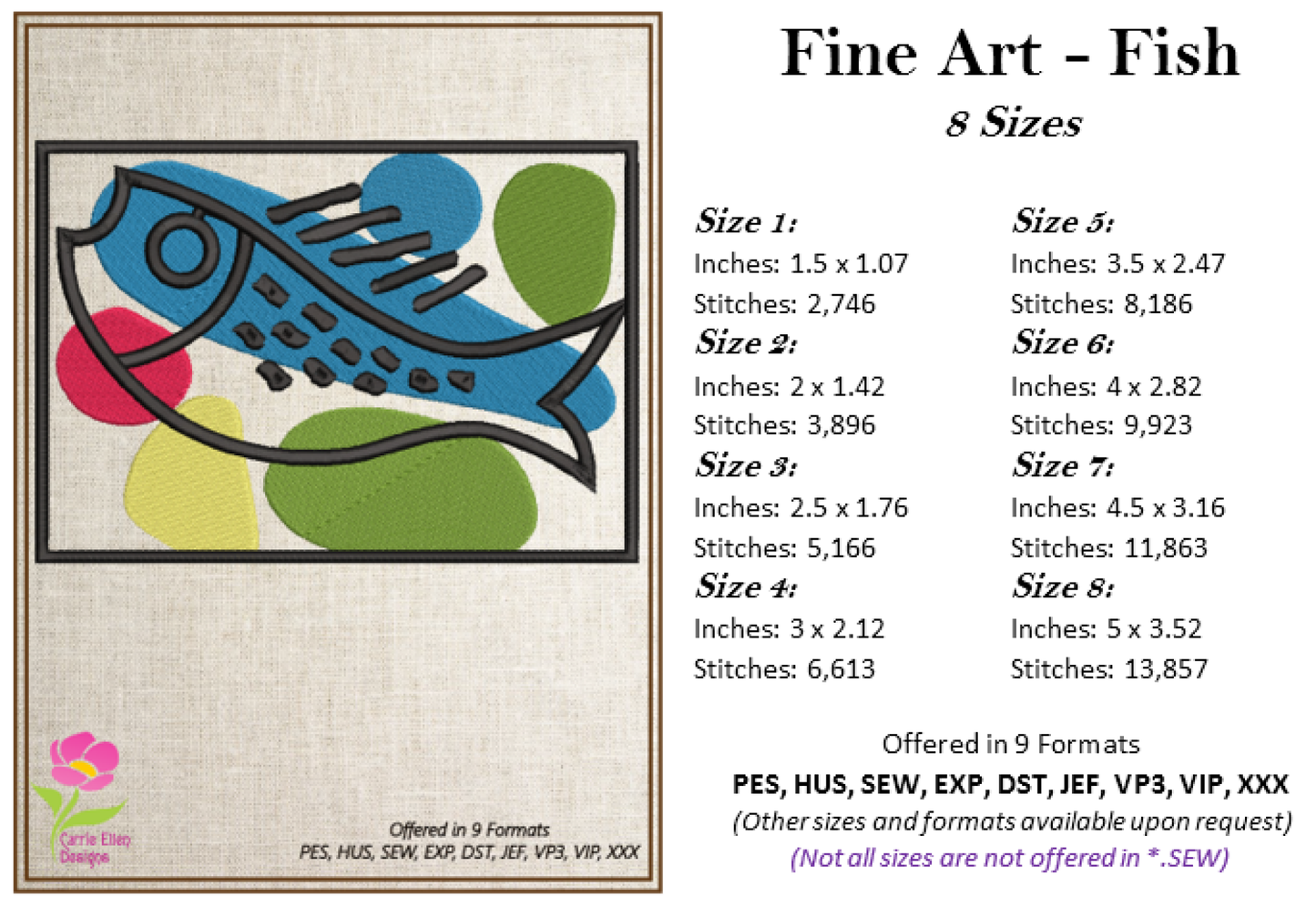 Fish Machine Embroidery Art – Mid-Century Inspired Marine Embroidery Design – Ocean Fish Pattern – 8 Sizes (0175)