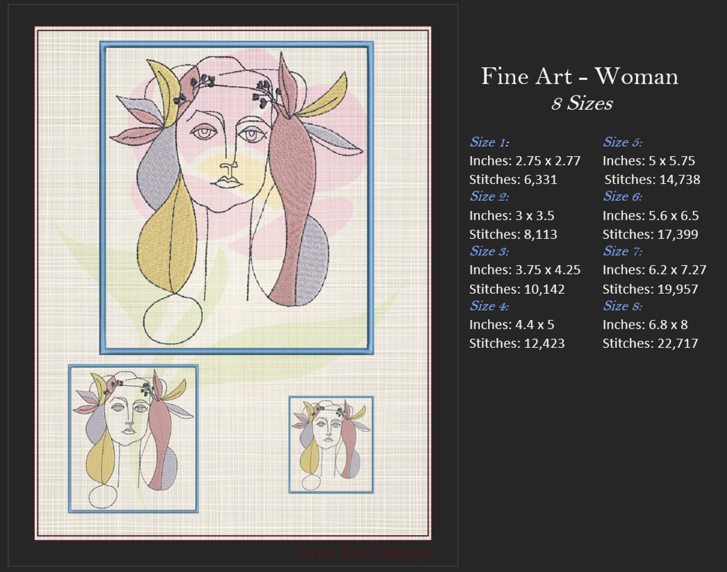 Woman Face Machine Embroidery Design – Fine Art Minimalist Portrait, Multicolor Line Art Style, 8 Sizes (0480)