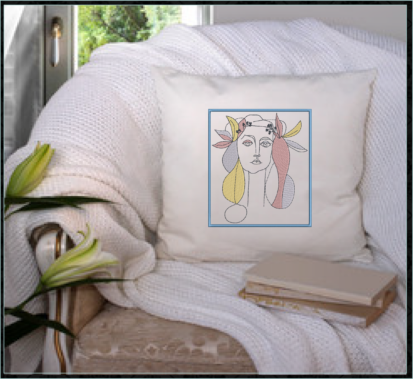 Woman Face Machine Embroidery Design – Fine Art Minimalist Portrait, Multicolor Line Art Style, 8 Sizes (0480)