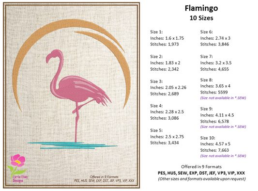 Flamingo Machine Embroidery Design – Pink Bird at Sunset Embroidery Pattern, 10 Sizes (0305)
