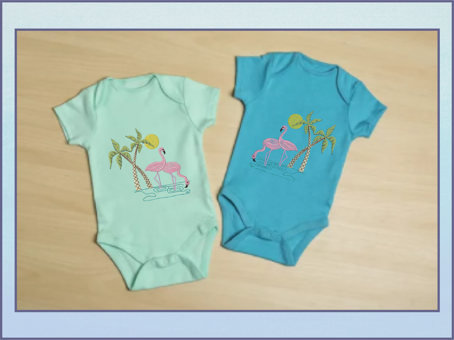 Wading Flamingos Machine Embroidery Design – Tropical Birds with Palm Tree, Summer Island Animal Embroidery, 4 Sizes (0461)
