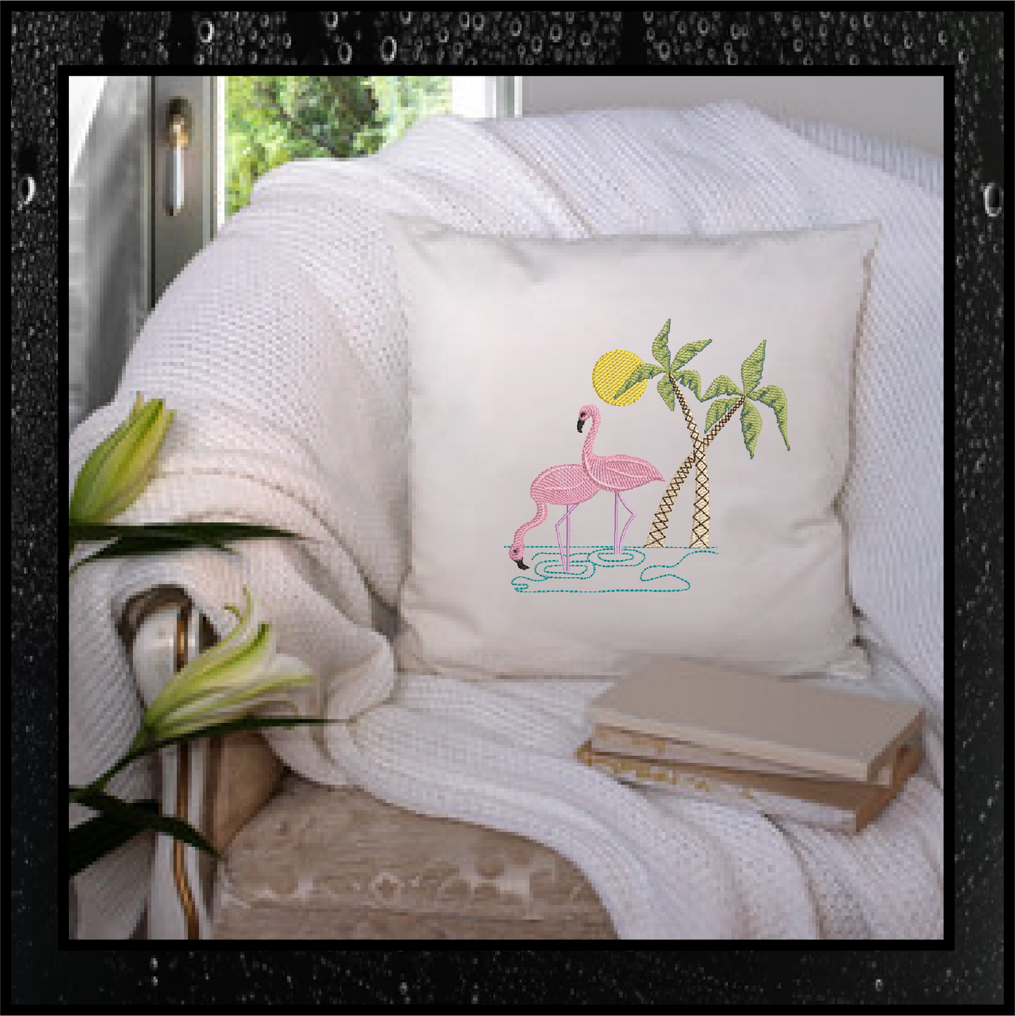 Wading Flamingos Machine Embroidery Design – Tropical Birds with Palm Tree, Summer Island Animal Embroidery, 4 Sizes (0461)