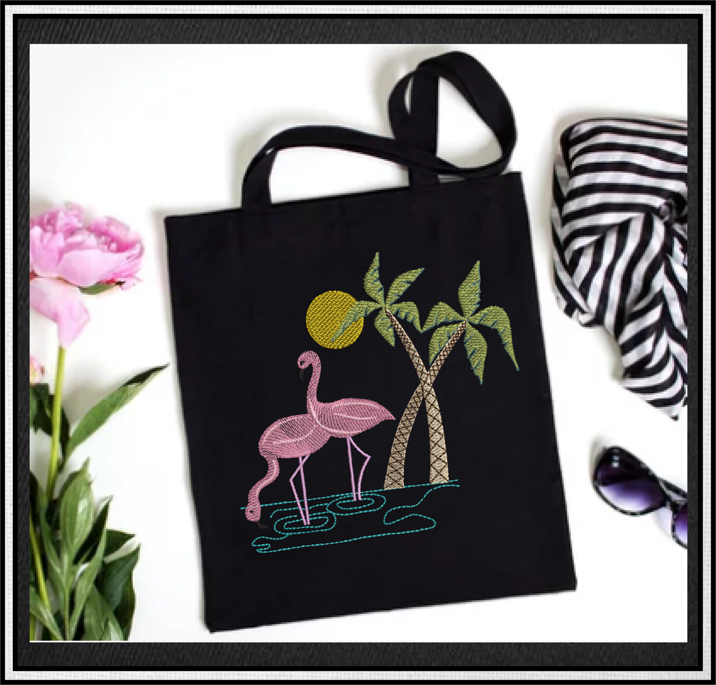 Wading Flamingos Machine Embroidery Design – Tropical Birds with Palm Tree, Summer Island Animal Embroidery, 4 Sizes (0461)